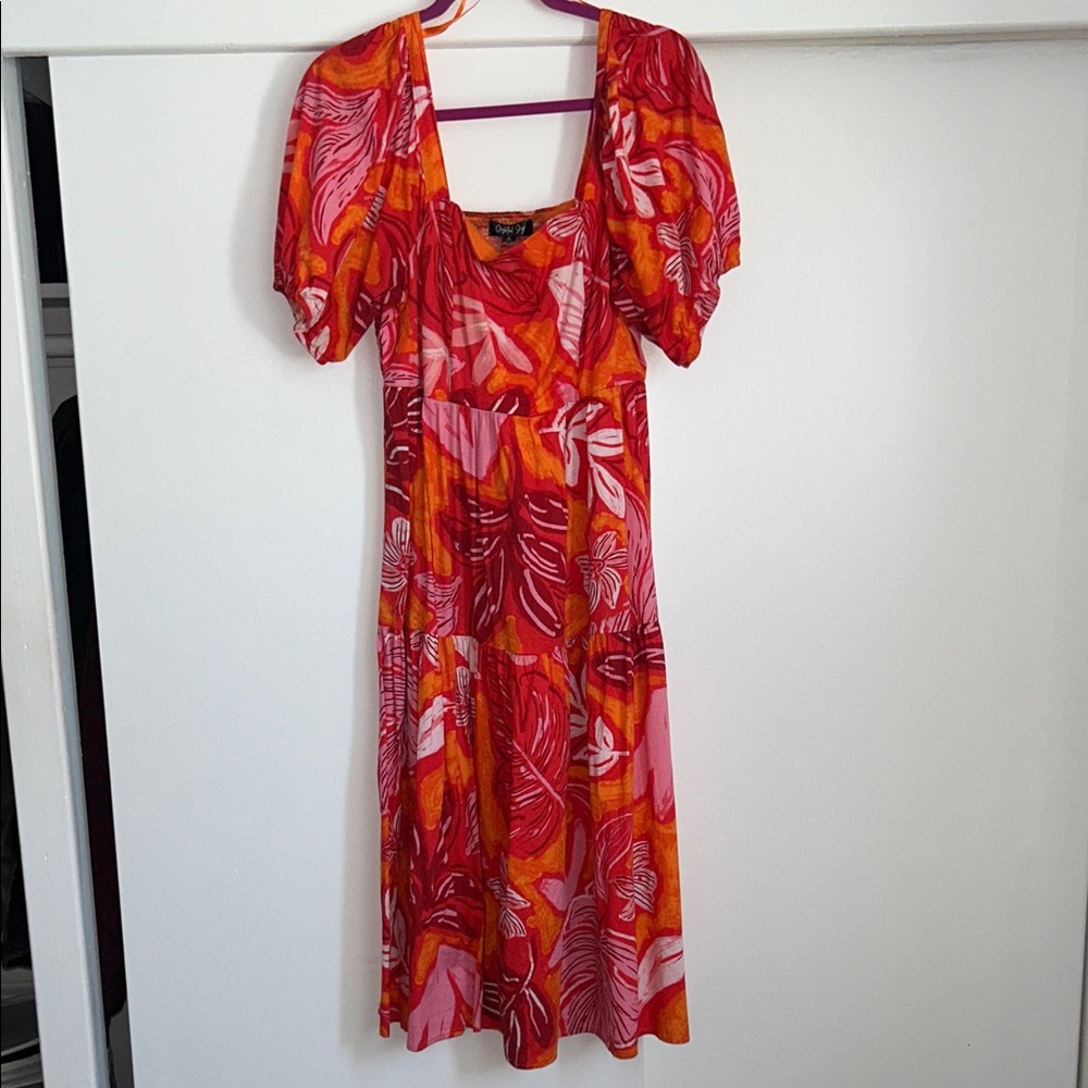 Bold Floral Red-Pink Midi Dress with Puff Sleeves